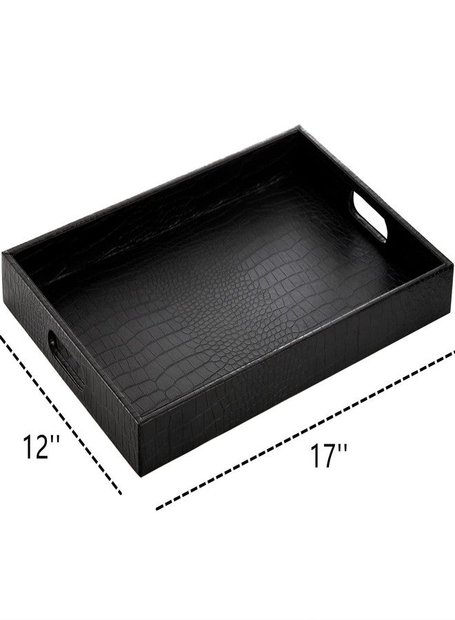 Lyellfe Black Serving Tray with Handles, Decorative Ottoman Tray in Alligator Faux Leather, 17x12 Inch Rectangular for Coffee Table, Living Room, Bed or Dressing Table - Image 2